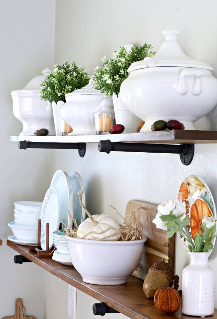 white dishes on shelves for fall