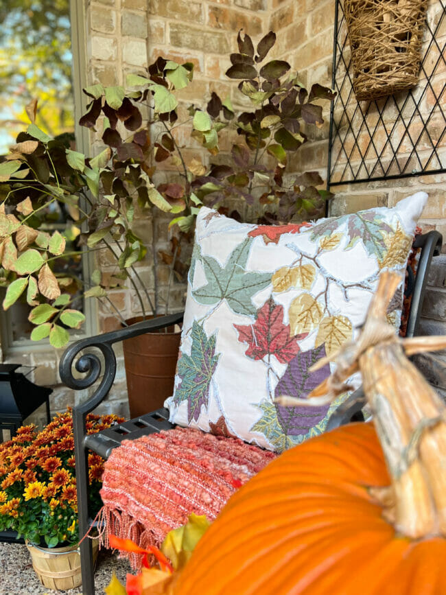 close up of pillow with leaves and orange throw blanket
