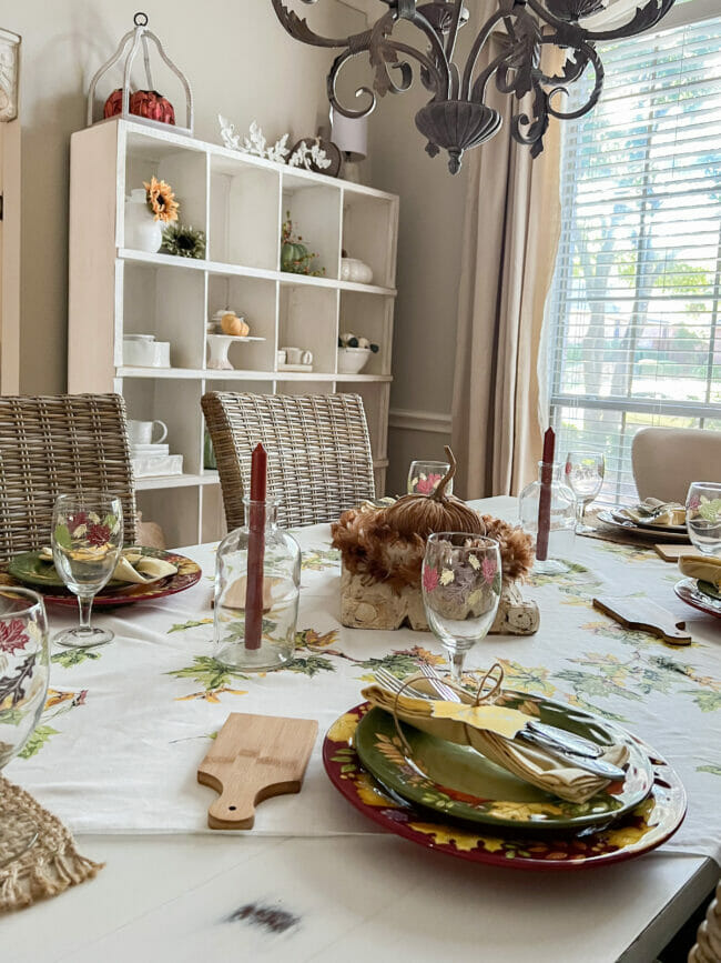 fall tablescape with white cubby shelf in background