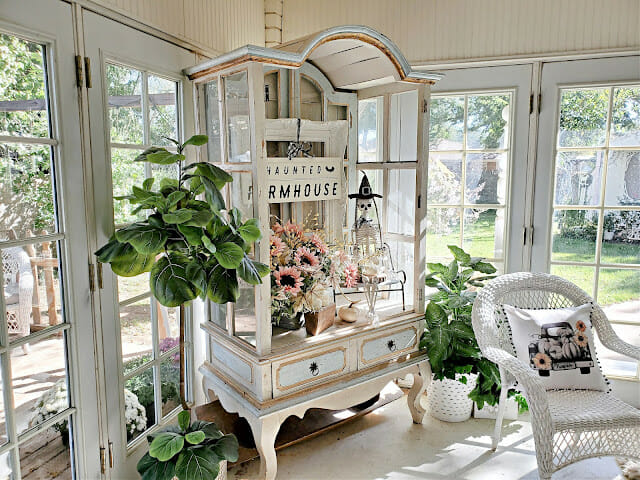 sun room with large armoire, plants and skeleton