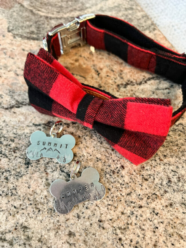 Red plaid bow tie collar with dog tag