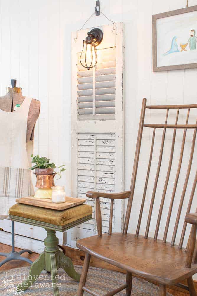 old chair, green bench table and old shitter with light