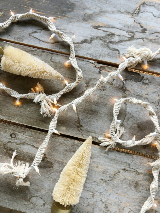 white bristle brush trees with crocheted lighting 