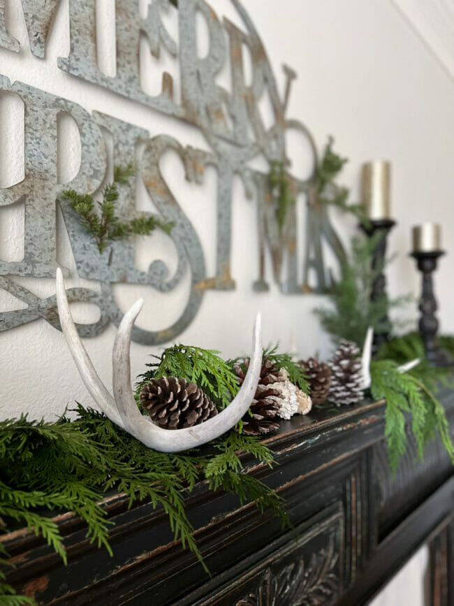 mantel with antlers, greenery and pinecones