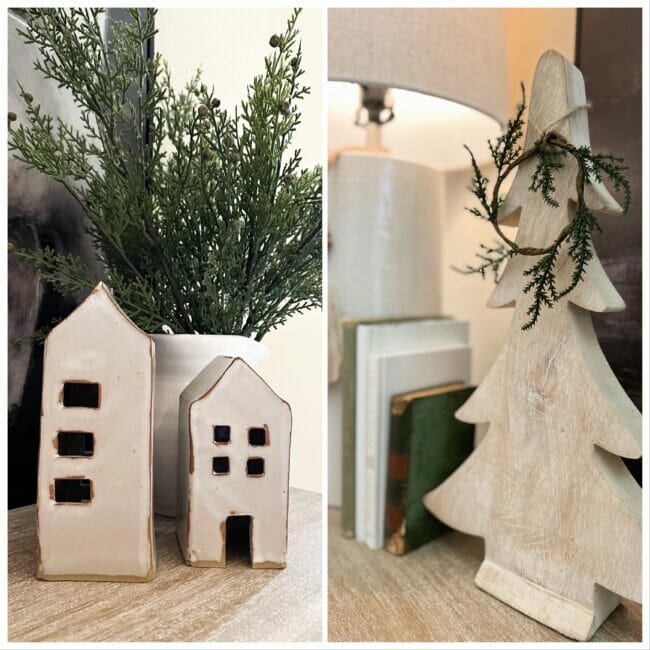 Collage of clay houses with greenery and wood tree and lamp