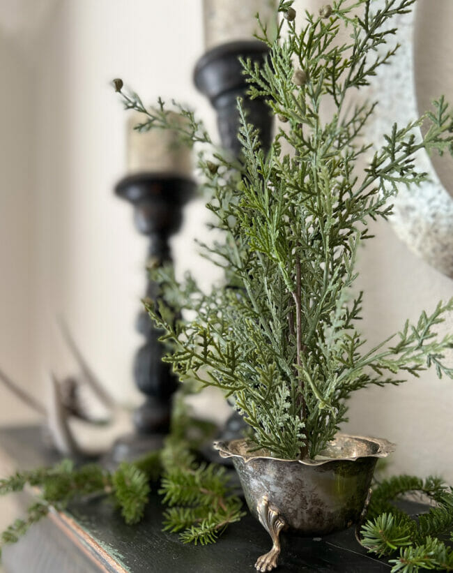 tabletop tree in vintage silver dish