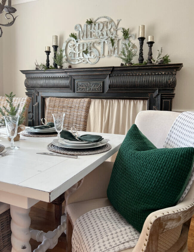 dining room table and black mantel for Christmas