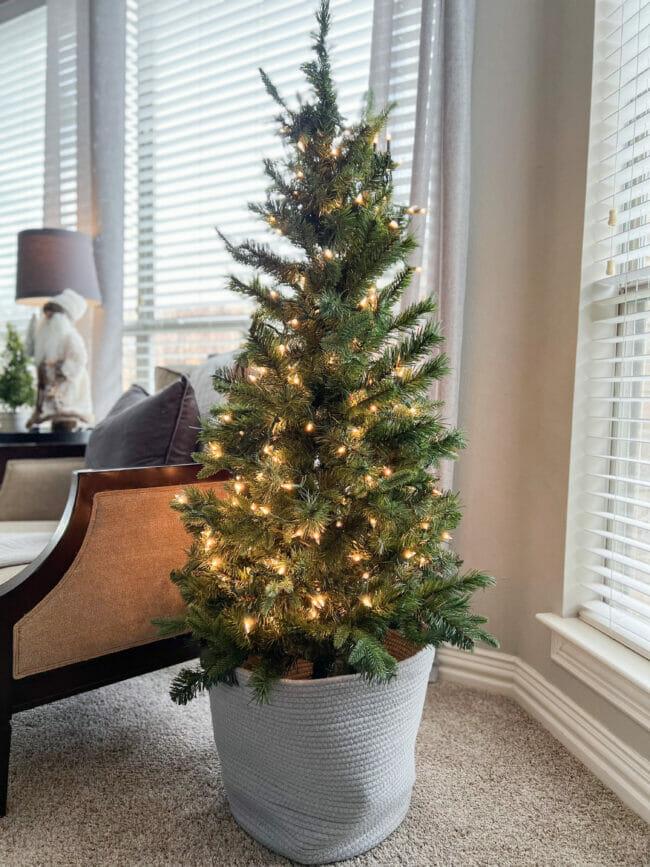 medium green tree with lights in a gray basket next to chair