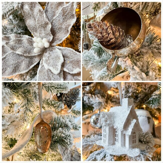 collage of ornaments on flocked tree