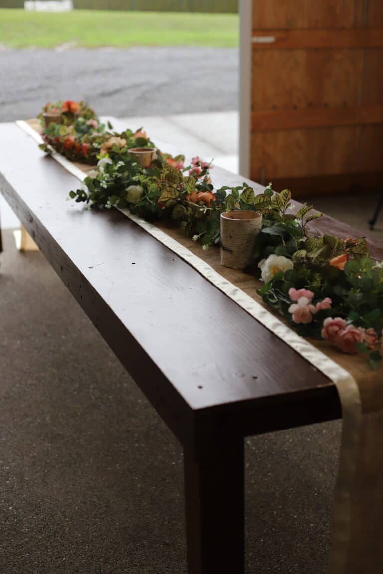 rustic table with real floral table runner