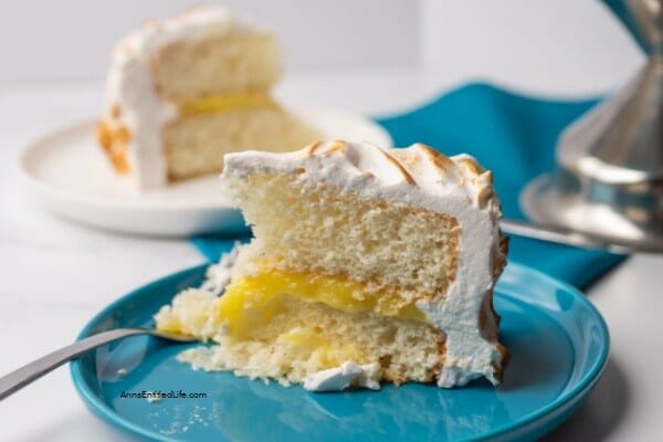 piece of sliced lemon cake on blue plate