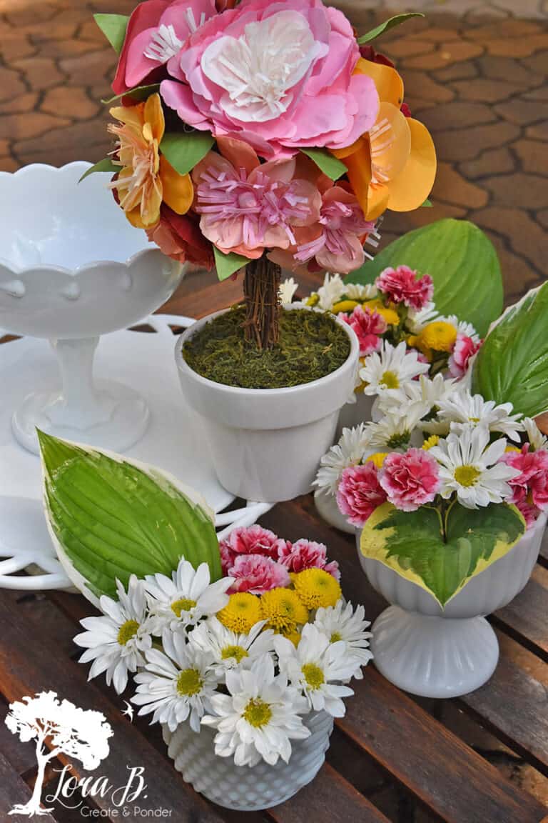 milk glass with spring flowers