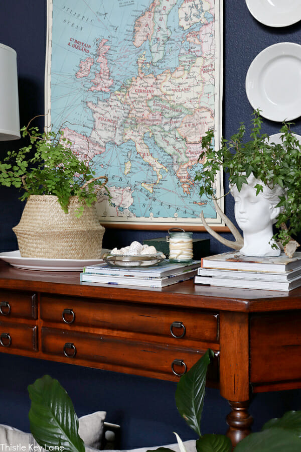 wood table with white plant head, basket with plant and books with map on wall