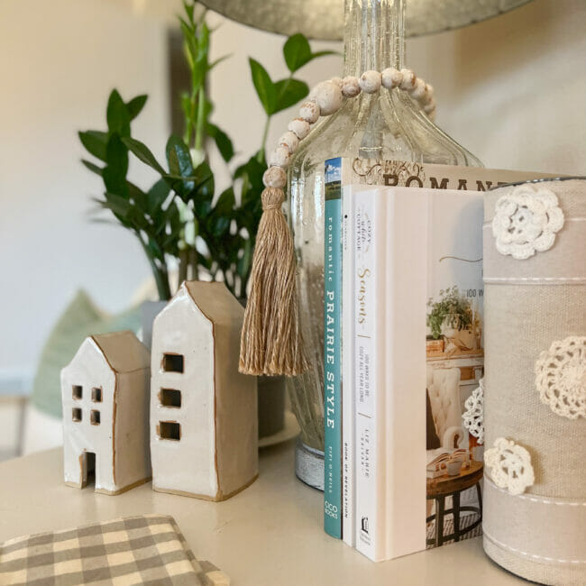 Books, lamp, plant and ceramic houses sitting on table