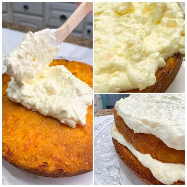 collage of frosting Mandarin Orange Cake