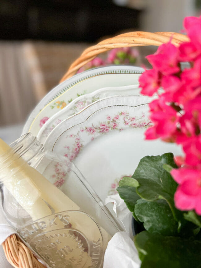 vintage plates with pink plant