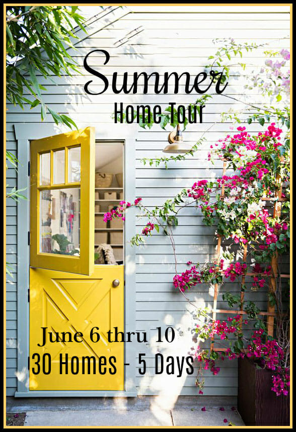graphic for summer homes tour with yellow farmhouse door and pink flowers