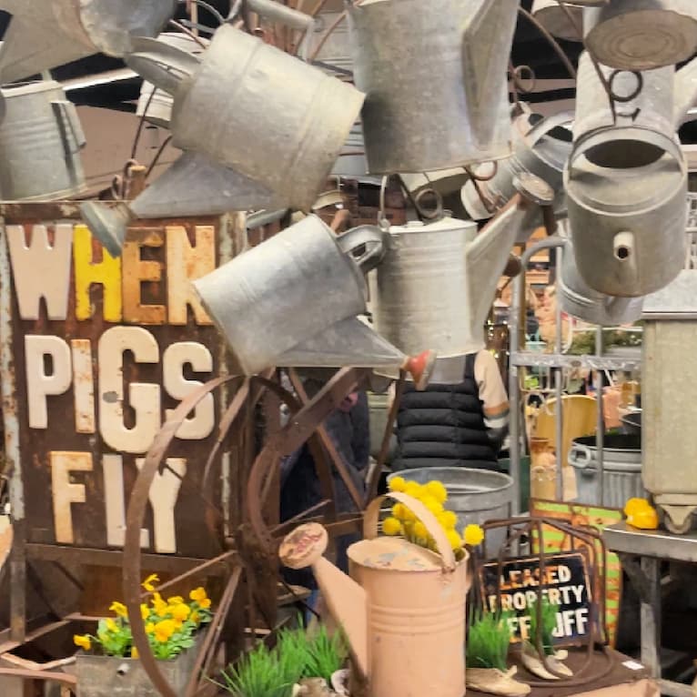 watering cans in thrift store