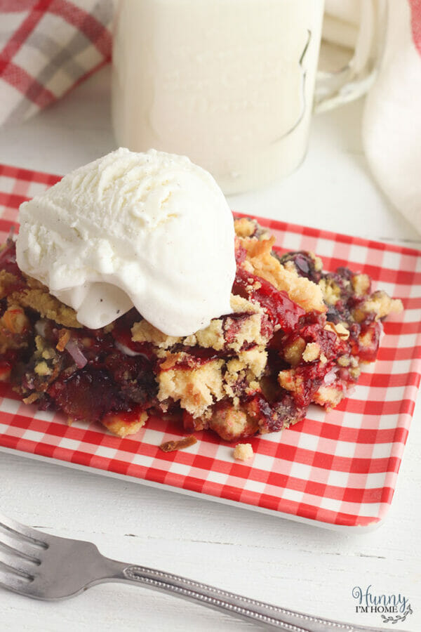 checked plate with dump cake and ice cream