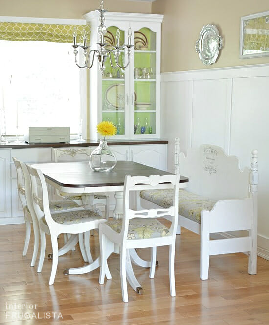 white dining room set with cabinet and bench