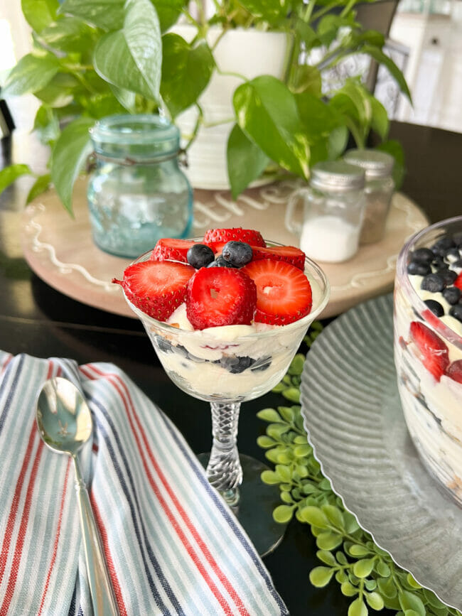 stemmed parfait glass with strawberry dessert