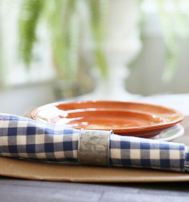 orange plate with blue and white checked napkin and ring