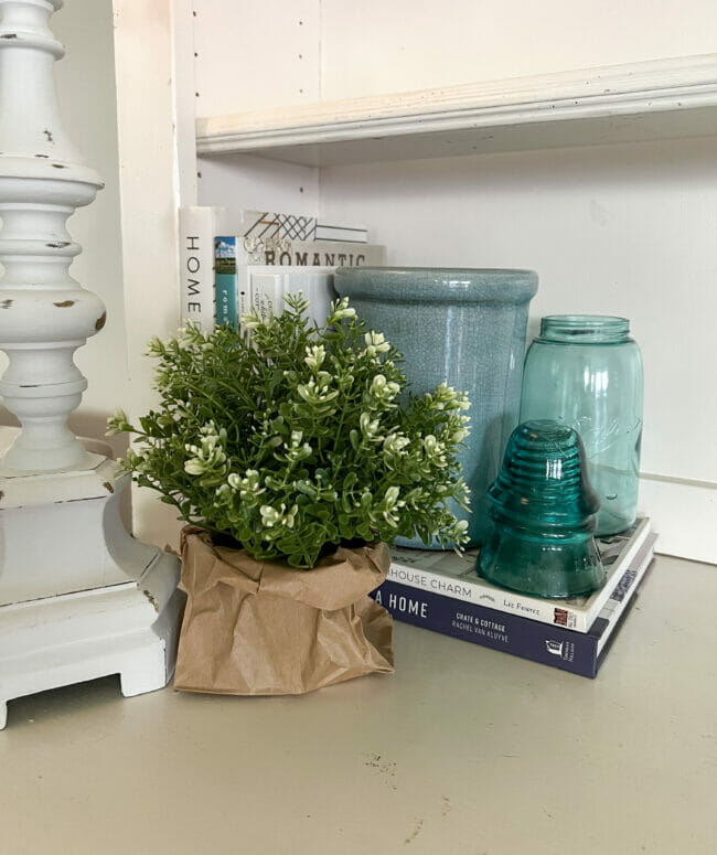 faux plant with lunch sack, blue crock and books