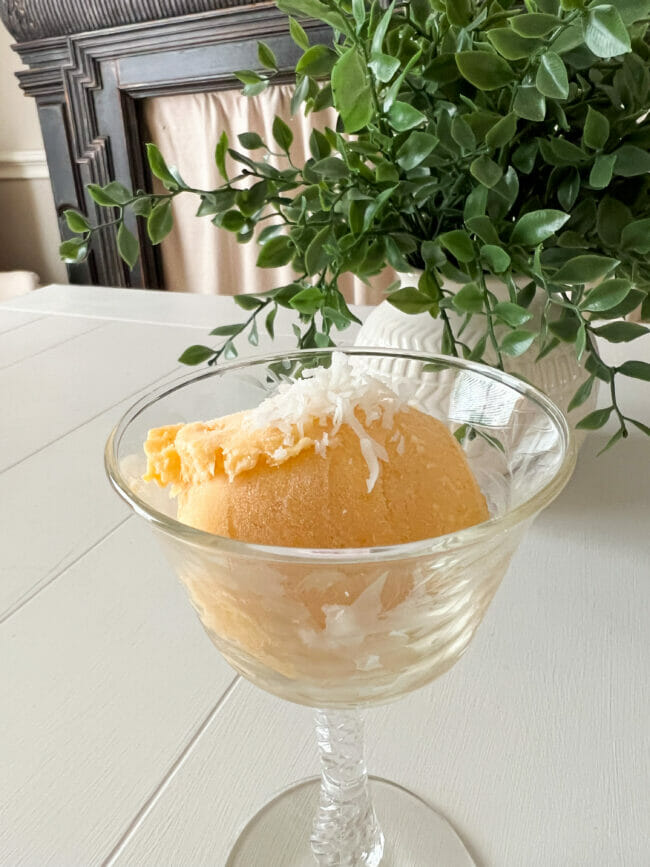 peach sherbet in cup with shaved coconut on top