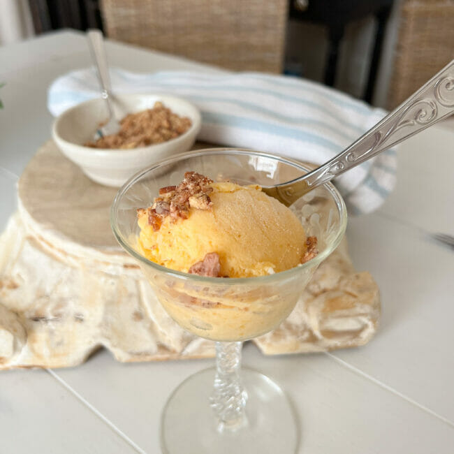 peach sherbet with toasted pecans