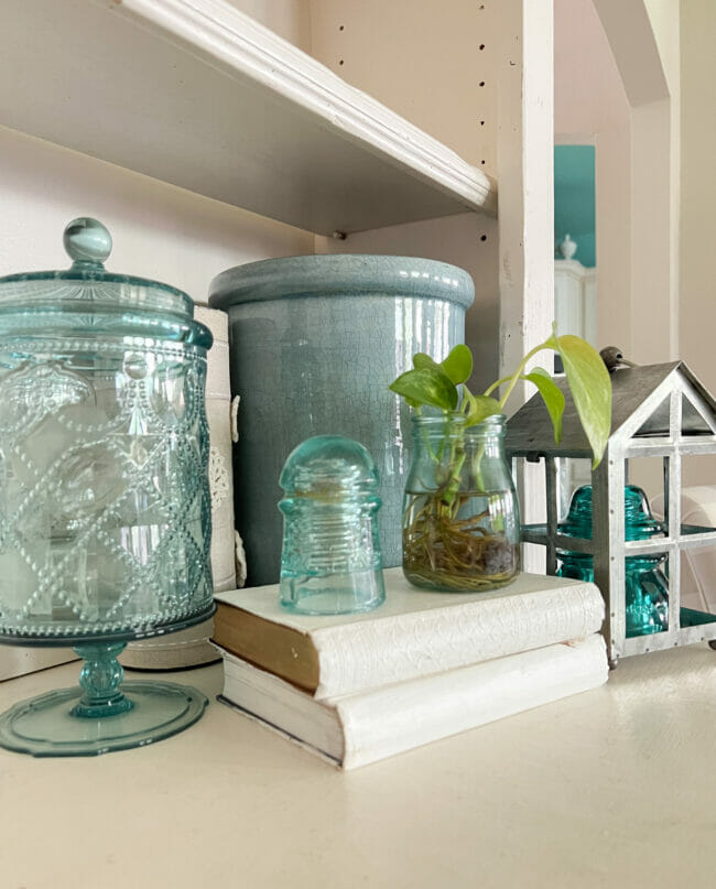 blue crocks with plant in jar sitting on books