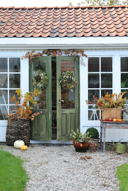 outdoor space with green doors on shed with fall stems
