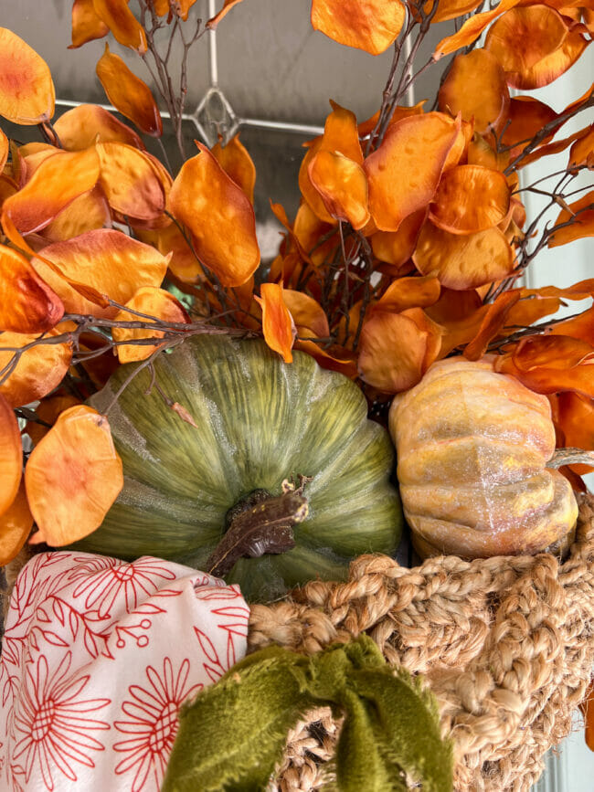 close up photo with green pumpkin, orange leafy stems and a gold pumpkin