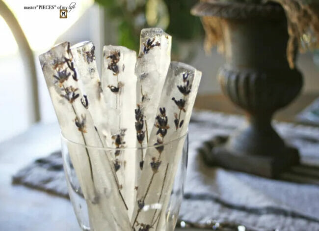 lavender ice stirrers in a glass