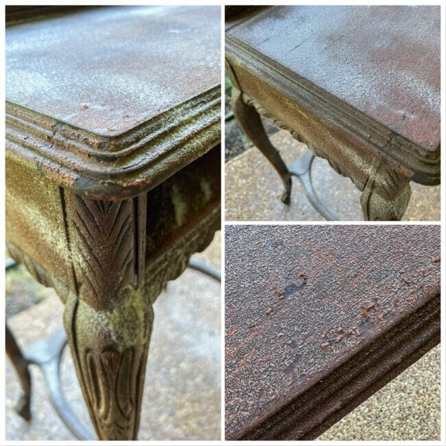 collage of antique table with oven cleaner sprayed on