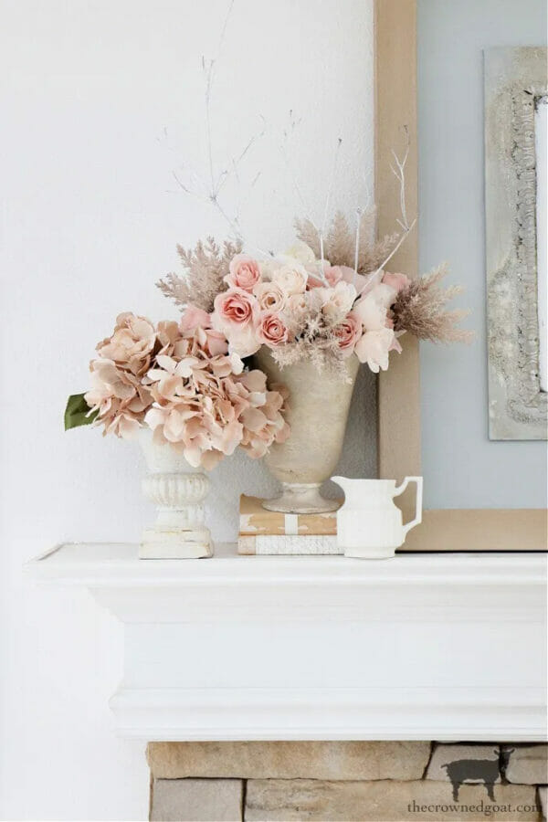 pink fall florals on mantel