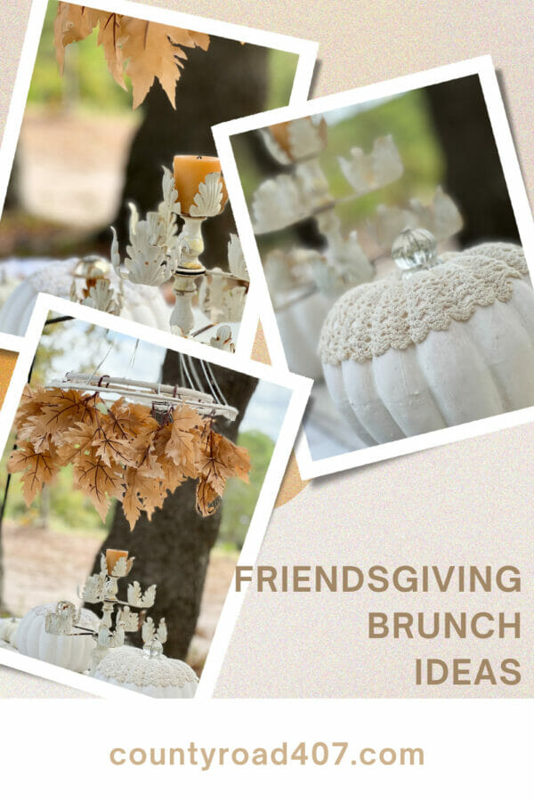 PIN collage with leaf chandelier, white pumpkin and white candelabra