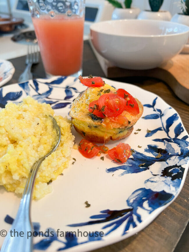 scrambled eggs on blue and white plate