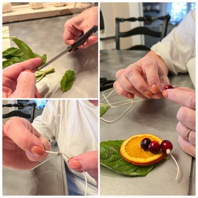 Collage with steps to stringing cranberries and orange garland