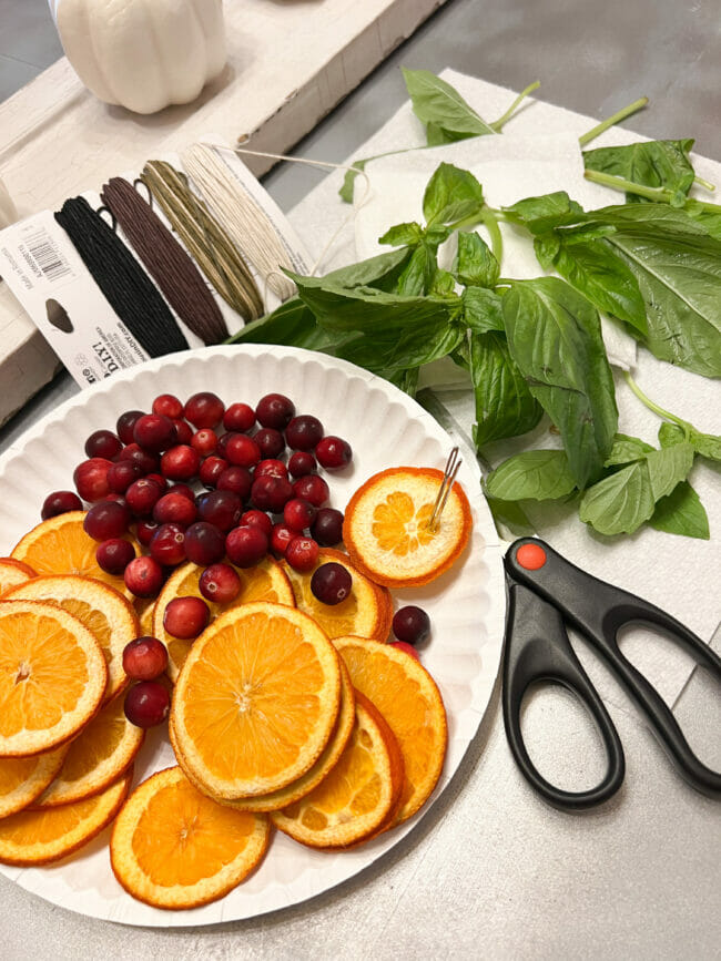 oranges and cranberries on plate with scissors and string