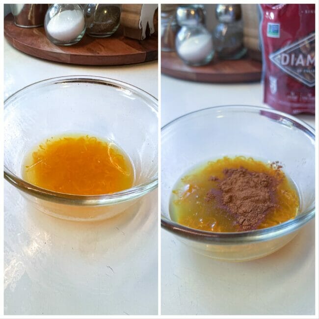 collage photo with two bowls of orange zest with cinnamon