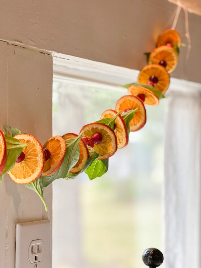 cranberry, orange and basil garland hanging on window