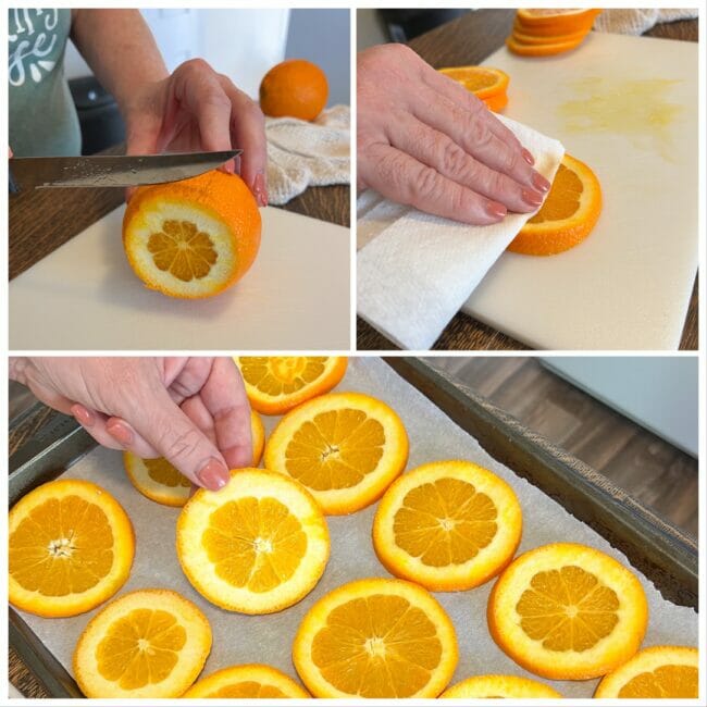 Collage of cutting and drying orange slices