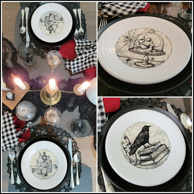 black and white table setting for halloween