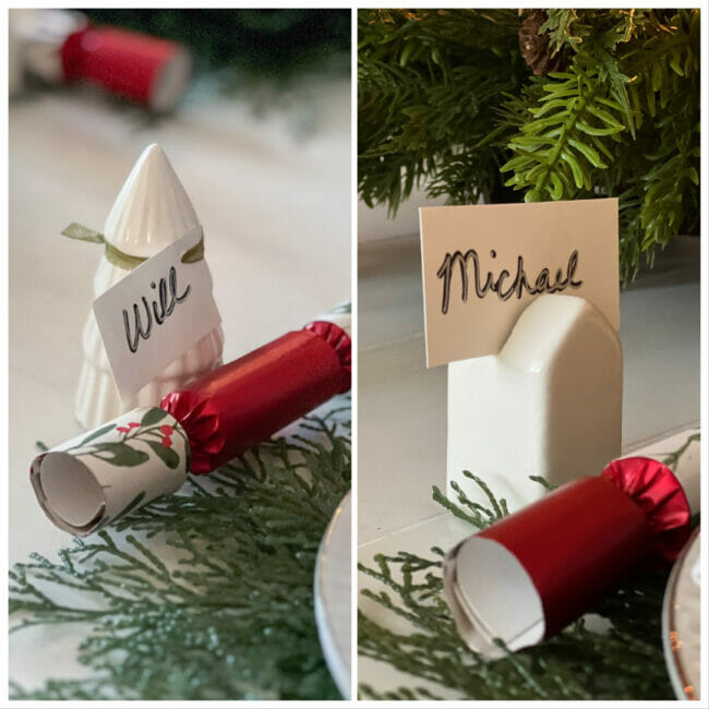 collage of place cards and red poppers