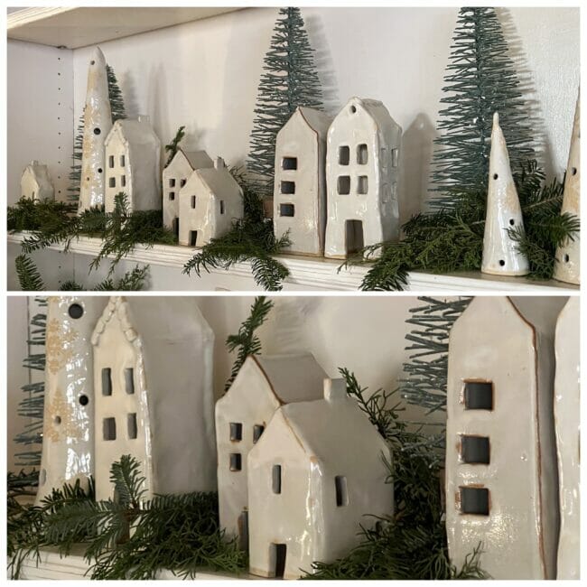 collage of handmade little white houses with greenery