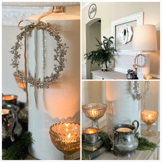 collage of side table with lamp, silver cups and candles
