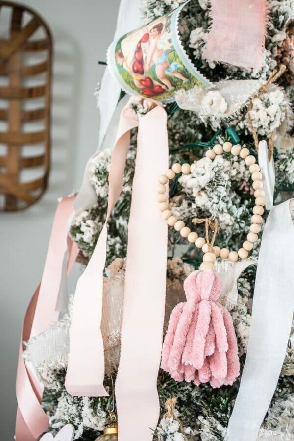 pink and white valentines day tree with ribbon and hearts