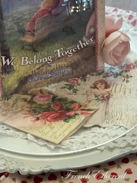 vintage cards, doily and book for Valentines