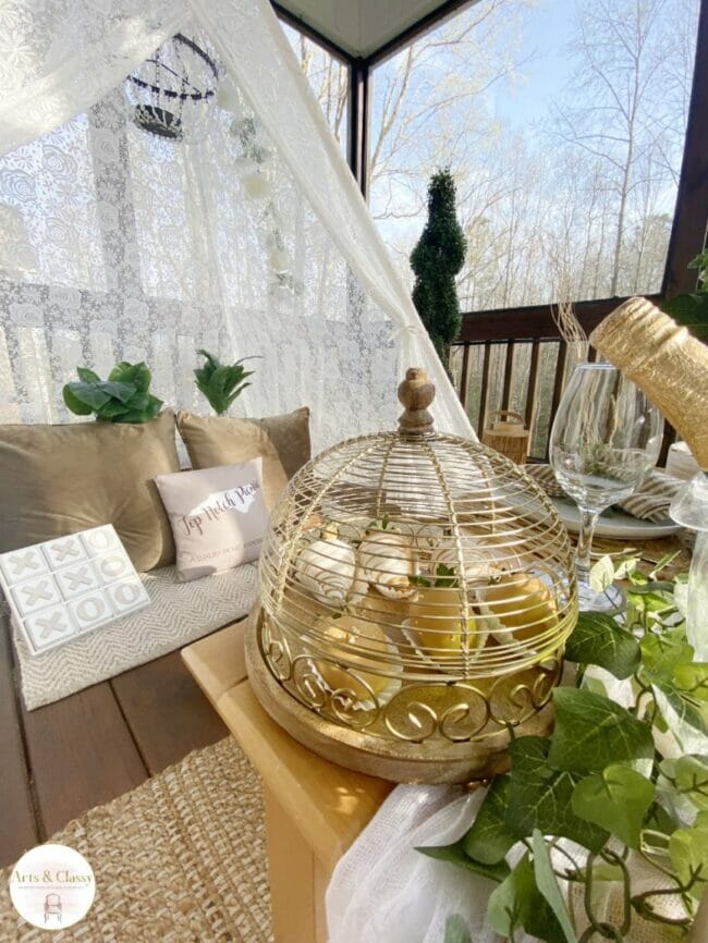 lace tent with pillows, wire cloche with treats and plants