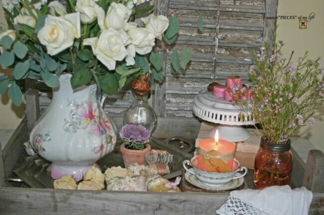 valentine tray with roses, candle and hearts